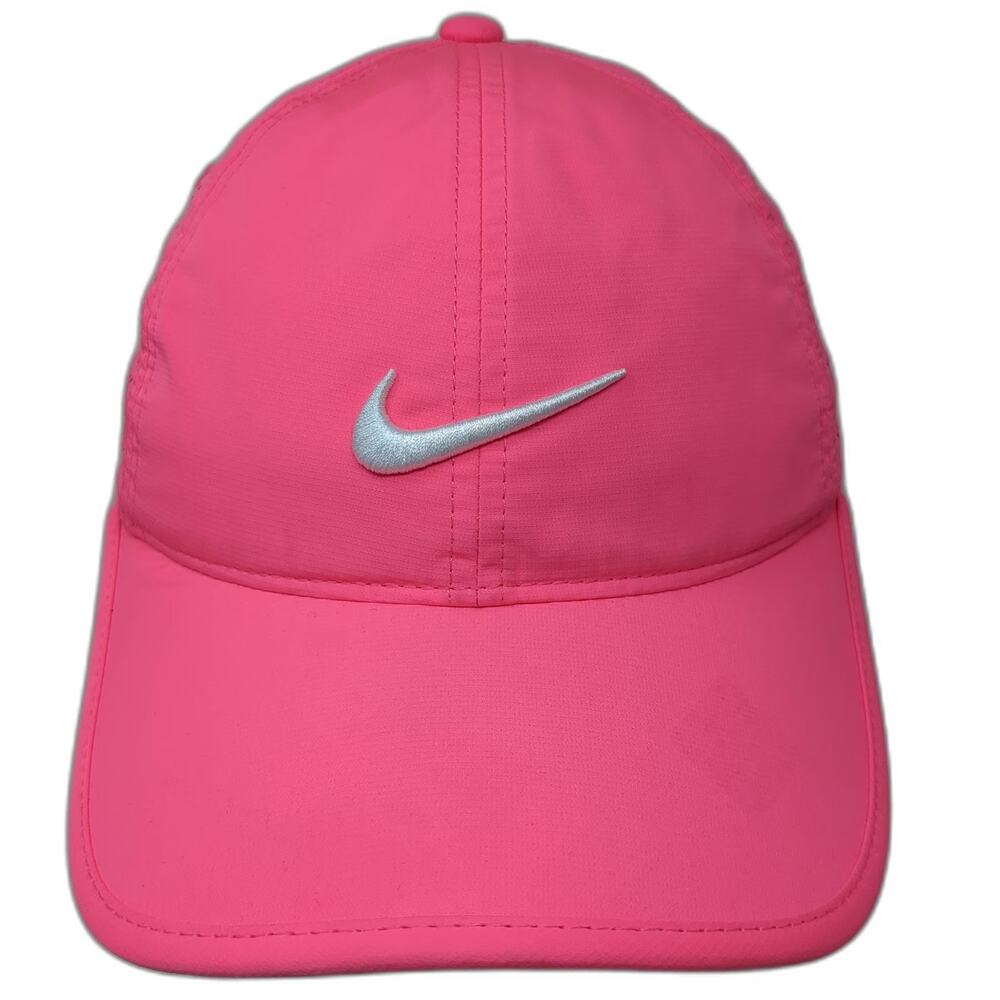 Nike Baseball Cap Pink OS Perforated Golf Hat Silver Swoosh Strapback Breathable